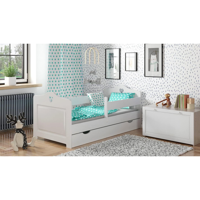 Дитяче ліжко Kids Collective 80x160 80x180 90x200 см з матрацом, поручнями, шухлядою та рейковою основою білого кольору Ліжко для дівчинки 160 x 80 &quotСкандинавське серце&quot 80 x 160 см білого кольору