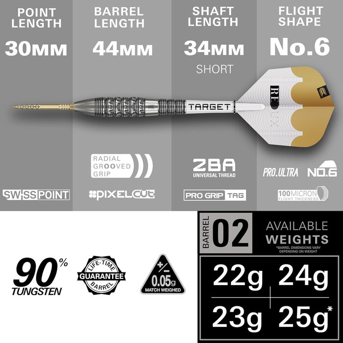 Набір дротиків Target Darts Redux 90 вольфраму зі швейцарським наконечником зі сталевим наконечником (ствол 01/02/03), 22G/23G/24G/25G/26G Pro Ultra 6 дерга та древки Pro Grip, золоті наконечники DX та наконечники SP, включно зі стволом 22G