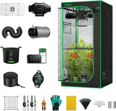 Розумна система наметів для вирощування VIVOSUN GIY 90 x 90 см, комплект наметів для вирощування з інтегрованим Wi-Fi, автоматичною вентиляцією та циркуляцією, світлодіодним освітленням повного спектру 200 Вт і контролером GrowHub E42A
