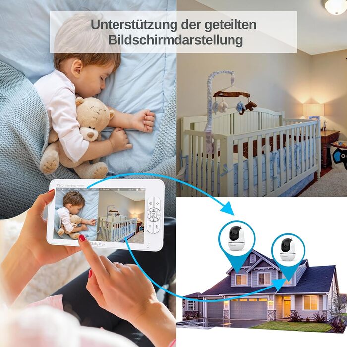 З 2 камерами 7-дюймовий 1080P розділений екран Відеоняня з вбудованим ширококутним об&39єктивом, інфрачервоним нічним баченням, дв