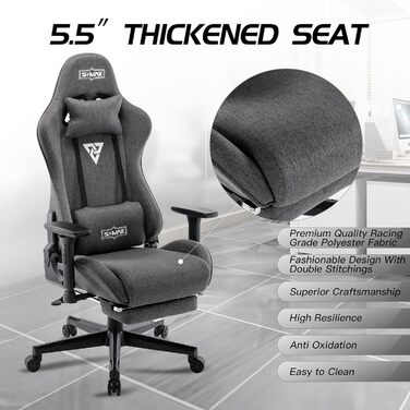 Ігрове крісло S*MAX, тканина, сірий колір з підставкою для ніг, потовщене сидіння, ігрове крісло, 3D підлокітники, крісло для відеоігор з високою спинкою, ергономічне ігрове крісло для дорослих, стандартне сіре