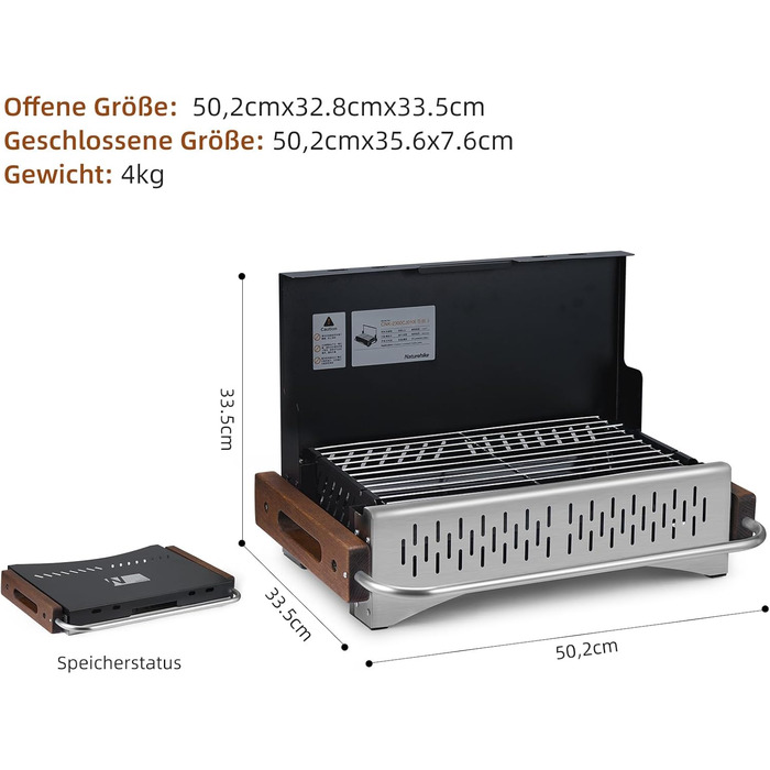 Вугільний гриль Naturehike, складний гриль 50,2 x 32,8 x 33,5 см, портативний, мобільний, для кемпінгу, настільний, для барбекю, гриль-валіза для зовнішнього використання, настільний, для саду, чорний