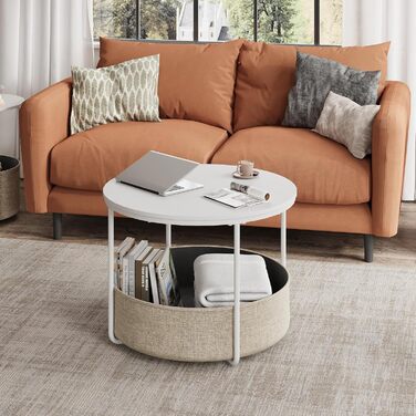 Круглий білий журнальний столик WLIVE, столик для вітальні з тканинним кошиком, металевий каркас, журнальний столик для вітальні з диваном, діаметр 60 дюймів, журнальний столик для вітальні, спальні (білий, діаметр 60 дюймів)