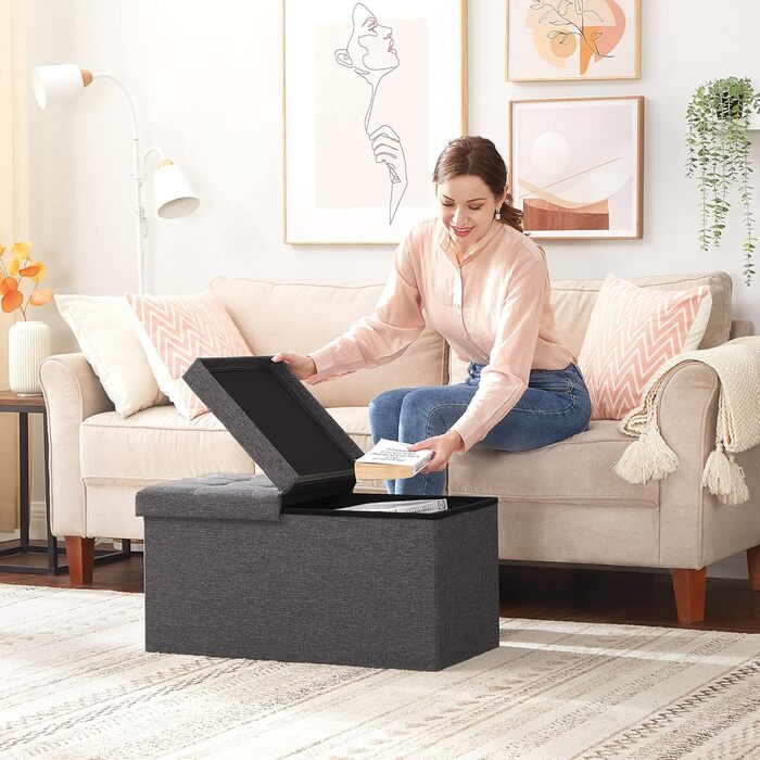 Лавка для зберігання SONGMICS, Складана скриня для зберігання, Коробка для зберігання, 38 x 76 x 38 см, Кришка на петлях, Вантажопідйомність до 300 кг, для коридору, вітальні, спальні, Шиферно-сірий LSF46GYZ 76B см Шиферно-сірий