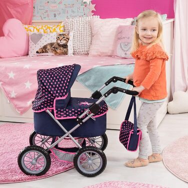 Модна лялькова коляска з сумкою, регульована по висоті ручка, великі колеса, вбудований кошик, складна, темно-синя одномісна, 1305