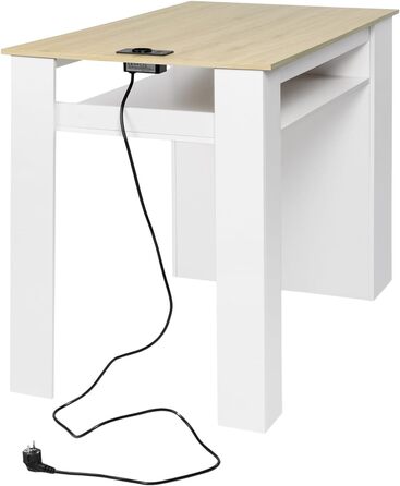 Багатофункціональний обідній стіл EGGREE з полицями для зберігання та розеткою - Кухонний стіл 110x60x78 см у дубовому декорі - Полиці з регульованою висотою, поверхня для зберігання, для невеликих приміщень у дубовому та білому кольорах