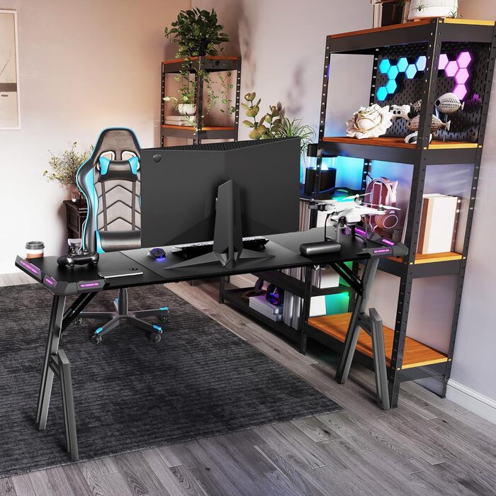 Ігровий стіл зі світлодіодним підсвічуванням, 140 x 60 см, поверхня з карбонового волокна ПК, включає підставку для чашок та гачок для навушників, легке складання, висота 73 см, чорний