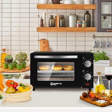 Міні-піч WANNYTON, духовка 10 л, 650 Вт, 100-230 C Таймер 0-60 хв. включно Деко для випікання Ручка для зняття решітки гриля, подвійні скляні дверцята, духовка для піци Торт Хліб, 36,5x22,28,5 см 10 л Чорний