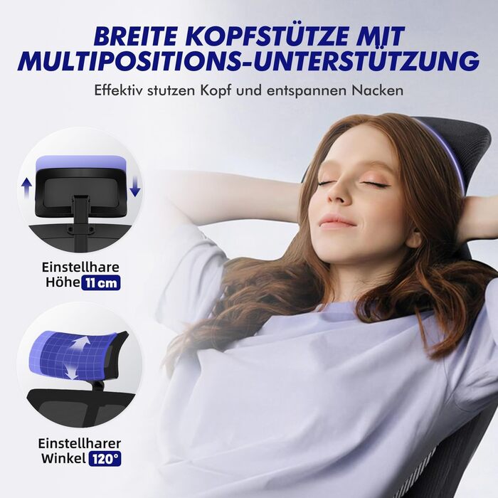 Офісне крісло Daccormax, ергономічне робоче крісло з регульованими підлокітниками, м&39яка поперекова опора та підголівник з натуральної губки, поворотне крісло для керівника з функцією гойдання, вантажопідйомність 200 кг, чорний колір, металева основа та