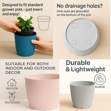 Прикраси для дому та саду, кашпо та квітковий горщик, набір з 3 шт. , виготовлені з пластику, без дренажних отворів, горщик у смугастий візерунок для кімнатних рослин (кремовий, 18 см) Ø 18 см (7,08 дюйма) Кремовий