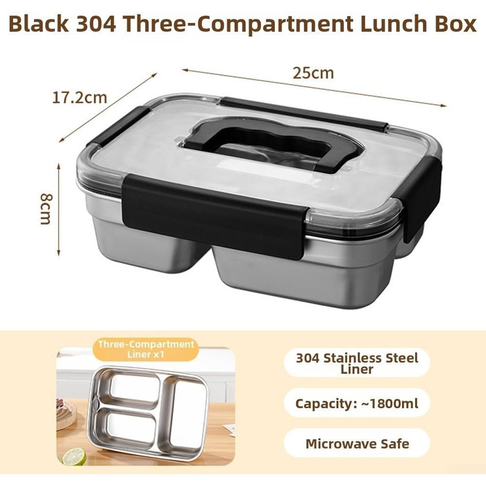 Ланчбокс з нержавіючої сталі, 1800 мл, з ручкою, герметичний, 3 відділення, придатний для використання в мікрохвильовій печі, контейнер для їжі для роботи, школи або пікніків (чорний)