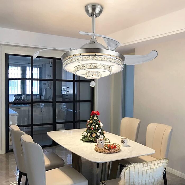 Тихий стельовий вентилятор кришталеві стельові вентилятори зі світлом, сучасні висувні лопаті, люстра, світлодіодний стельовий вен
