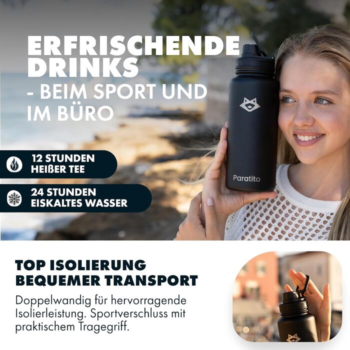 Пляшка для води з нержавіючої сталі 1 л аксесуари для чаю - термос, ситечко для чаю, заварювач для фруктів, спортивна кришка, насадка-трубочка (подарунковий набір чорного кольору)