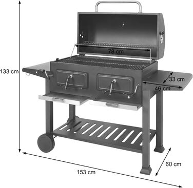Мангал HWC-K94, візок для барбекю BBQ садовий з кришкою-поличкою, емальована сталь 110x153x60см чорний