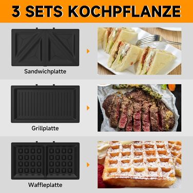 Сендвіч-машина HOMELUX 3-в-1 Вафельниця Контактний гриль з антипригарними знімними пластинами 800 Вт Багатофункціональний пристрій для вафель паніні, без бісфенолу А, для подорожей, кемпінгу, днів народження, чорна Zm-237-Чорна тарілка Розмір 21,6X12 см