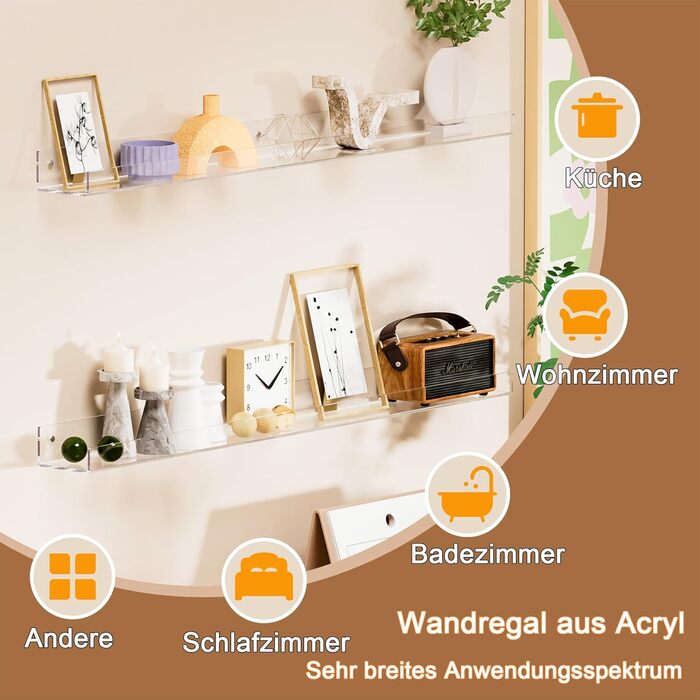 Настінна довга полиця з прозорого акрилу 91,4 см, 2 шт., пересувні акрилові книжкові полиці, настінне кріплення з невидимим карнизом