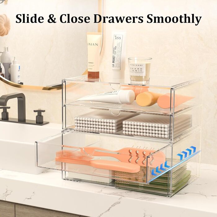 Великий косметичний органайзер з 4 широкими шухлядами акриловий органайзер, 2 шухляди, з протиковзкими накладками Штабелювана шухляда для туалетного столика, спальні, ванної кімнати, 4 шухляди - широкі - 2 шухляди