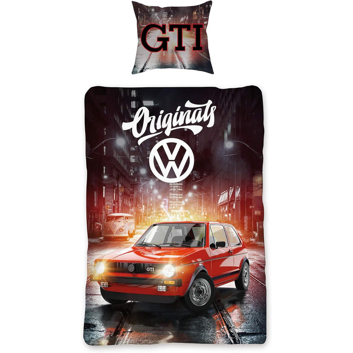 Комплект постільної білизни VW Volkswagen Golf GTI, червоний/сірий, 135 см x 200 см 80 см x 80 см, класичний автомобільний дизайн, 100 бавовна перкалевої якості, гоночний автомобіль Wrthsee, 2 дизайни, двосторонній комплект постільної білизни на блискавці