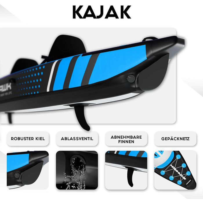 Надувний човен, Каное, Каяк для пригод 385 x 85 см, В комплекті сумка, насос, сидіння та алюмінієве весло, 385 Blue