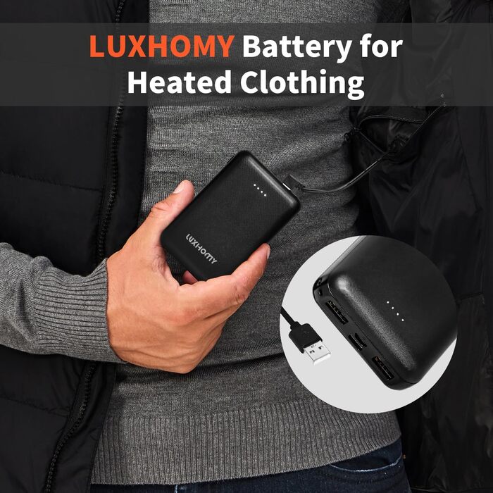 Power bank для жилета та куртки з підігрівом 10000mAh, USB-C, micro USB, 2 вихідні порти USB, сумісний з одягом на 5V