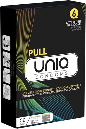 Презервативи UNIQ Pull - презервативи без латексу з язичком для відтягування - надзвичайно тонкі та чутливі, лише 0,08 мм - також підходять для використання з лубрикантами на масляній основі, 1 x 6 шт.