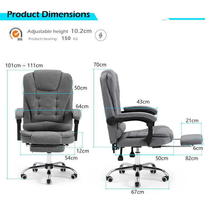 Офісний стілець YODOLLA, вантажопідйомність 200 кг, ергономічне крісло керівника, письмове крісло з функцією відкидання, комп&39ютерне крісло з регульованою висотою та шкіряною підставкою для ніг, сірий