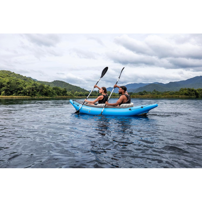 Каяк Bestway Hydro-Force Cove Champion X2 Надувний човен з ручним насосом, веслом, сидіннями, ластами та сумкою для зберігання Двомісний 331 x 88 x 45 см, синьо-сірий