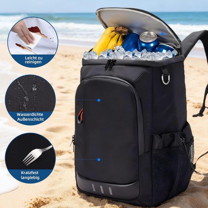 Рюкзак-холодильник для кемпінгу, місткість 24 літри, ізольований рюкзак для пікніка, водонепроникний рюкзак-холодильник, герметична портативна м&39яка сумка-холодильник для пляжу, подорожей, пікніка, чорний