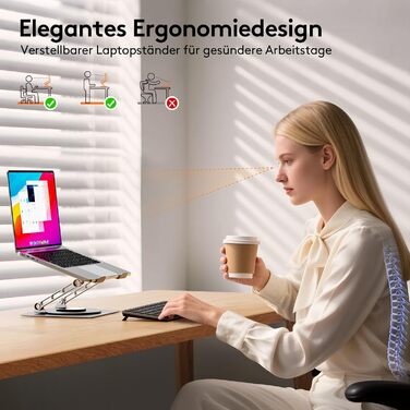 Стійка для ноутбука TECKNET регульована по висоті, ергономічна та складна, з алюмінію. Надійна підставка для ноутбука, сумісна з MacBook Air/Pro, Dell до 17,3 дюймів - срібляста