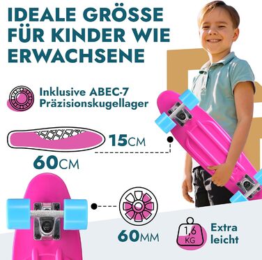 Скейтборд BIKESTAR Vintage Retro Cruiser 60 мм - круїзерний скейтборд для дітей та дорослих, початківці від 6-8 років, ретро дизайн Berry & Blue