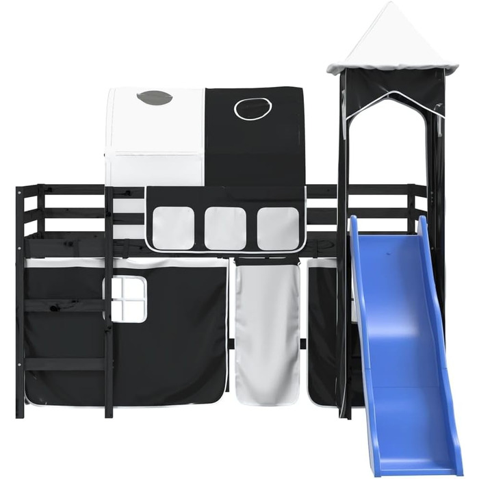 Меблі для дому Інструменти Дитяче ліжко-горище з вежею, біло-чорне, 90 x 200 см, масив дерева, сосна