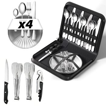 Набір посуду для кемпінгу на 4 особи, столові прибори з нержавіючої сталі (виделки, ножі та ложки), з чохлом для зберігання, портативний набір для пікніків, барбекю та відпочинку на природі
