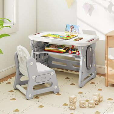 Дитячий стіл та стілець з регульованою висотою, дошкою для малювання та відділенням для зберігання, художній стіл/стіл для учнів з нековзними ніжками, для дітей від 3 років (сірий)