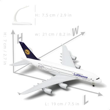 Металева модель літака Lufthansa A380 масштабу 1/300 з підставкою (7,5 дюймів), підходить для авіаційних ентузіастів як подарунок або декорація для виставки. 01. Lufthansa