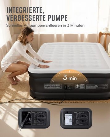 Надувний матрац Airefina для 2 осіб, самонадувальний, з вбудованим насосом, надувається за 3 хвилини, надувний матрац для кемпінгу та домашнього використання, міцне гостьове ліжко - 203 x 152 x 46 см, двоспальне (46 см)