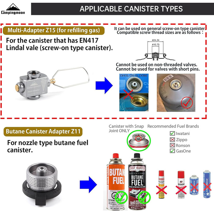 Адаптер для газових балонів Campingmoon Адаптер для заправки газу Адаптер для бутанового гвинтового клапана Адаптер для похідної плити Адаптер для каністри з клапаном Lindal Z-15 Z-11