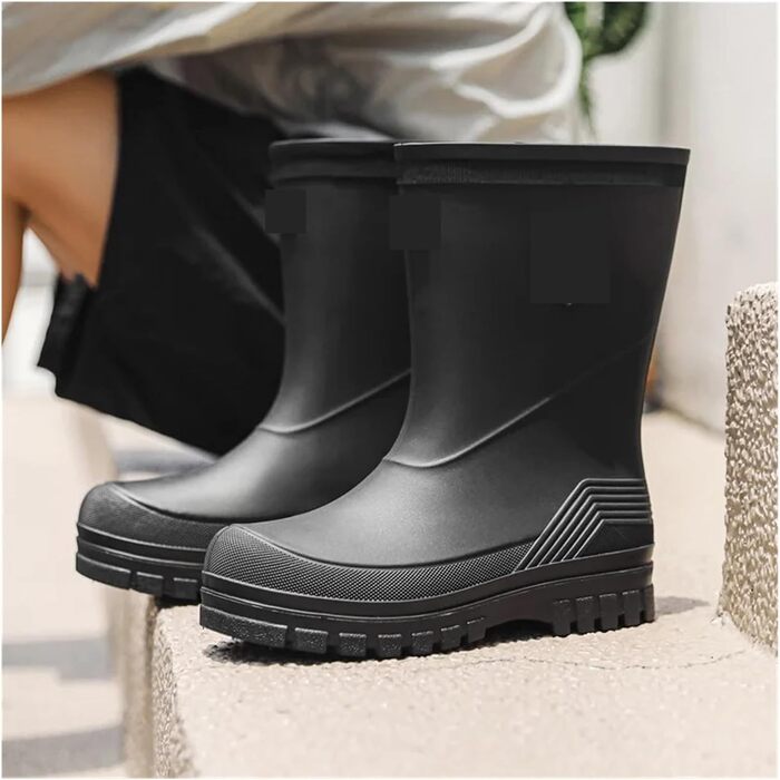 Чоловічі гумові чоботи, водонепроникні гумові чоботи, середній підйом, товста підошва, нековзні, ідеально підходять для кухні, активного відпочинку та риболовлі, чорні, розмір ЄС 40