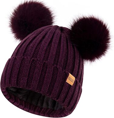 Жіноча зимова тепла в&39язана шапка-бейні з помпоном зі штучного хутра, затишна шапка на флісовій підкладці, фіолетова