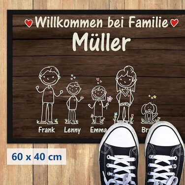 Створіть свій власний килимок для дверей - Прізвища, 1, 2 або 3 дітей, собака, кіт - Ласкаво просимо - Індивідуальний друк - Фігурки-палички, подарунок на новосілля, церемонію завершення шлюбу, день народження Персоналізований, 60 x 40 см