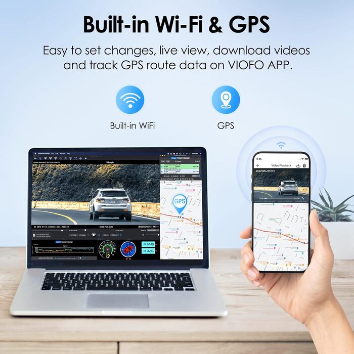 Відеореєстратор VIOFO A129 Plus Duo Dual WiFi WiFi, GPS-модуль 2K 1440P 60 кадрів в секунду 1080P передня задня автомобільна камера, додаток Моніторинг мобільного телефону Автомобільна камера, G-сенсор Режим паркування, Відеореєстратор для екстреної зйомк