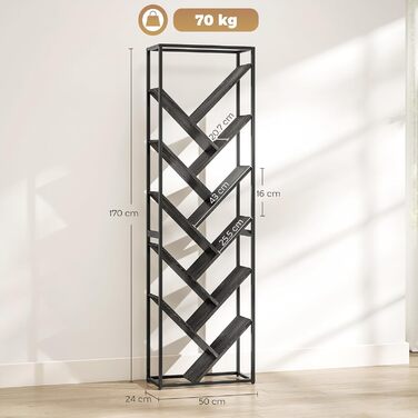 Книжкова полиця HOMCOM Tree, 10-ярусна підлогова книжкова шафа, висока промислова стелажна шафа для вітальні, домашнього офісу, спальні, сіро-чорна
