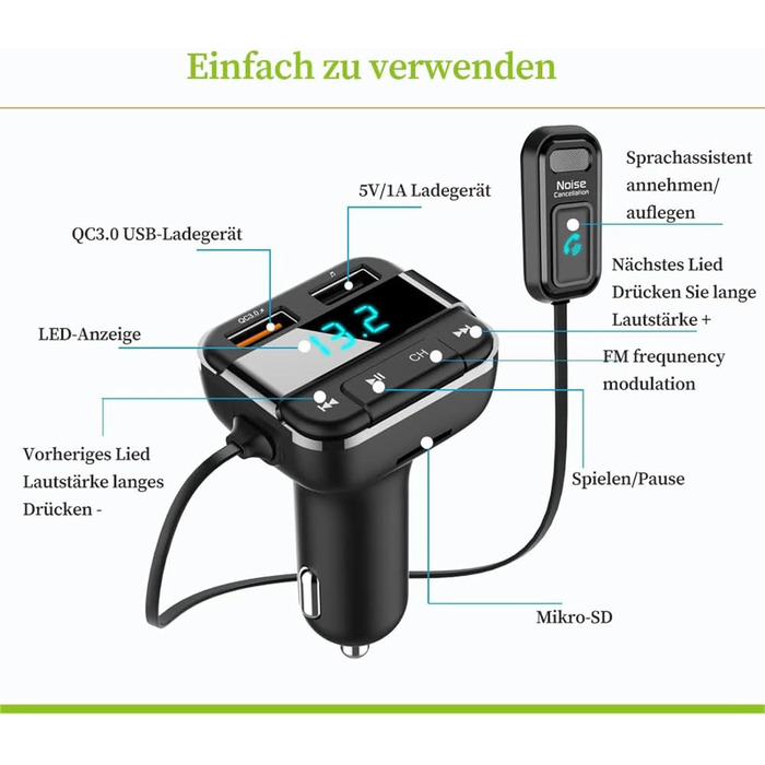 Передавач Bluetooth для автомобіля, подвійний USB FM-передавач Bluetooth 5.0 (QC3.0 і 5 В/1 А) зі світлодіодним дисплеєм, дзвінки в режимі вільні руки, голосовий помічник, підтримка TF-карти та USB-флеш-накопичувача