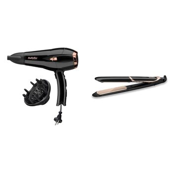 Набір BaByliss фен Cordkeeper 2000W з автоматичним змотуванням кабелю в ручку (D373E) та випрямляч Super Smooth з іонною технологією (ST393E, 140C - 235C), чорний