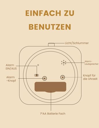 ВищеГодинник будильник аналоговий без цокання, будильник дерев'яний з дрімотою, тумбочка настільний годинник з нічником, ретро-будильник аналоговий на батарейках (потрібна батарея 1*AA - натуральне дерево світло-коричневого кольору (квадрат, світло-коричн