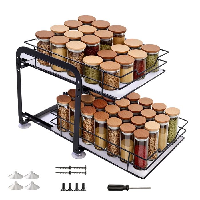Розсувна 2-рівнева підставка для спецій, стояча шухляда для спецій, регульований по висоті органайзер для спецій з ПВХ-вставкою та присоскою, органайзер для кухонної шафи, стоячий, нековзний (28x24x23 см) 28*24*23