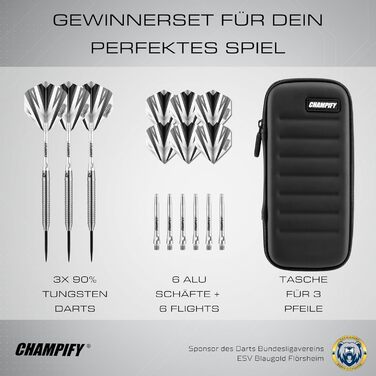 Набір дротиків Champify з 90 вольфраму з чорним футляром 3 сталеві дротики з 9 алюмінієвими стрижнями та 9 дергами Набір дротиків з аксесуарами Дартс з білим металевим наконечником