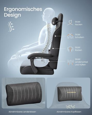 Ігрове крісло SONGMICS, офісне крісло, стілець для роботи, ергономічне ігрове крісло, пружинна подушка сидіння, підставка для ніг, підлокітники з синхронним механізмом, чорний колір OBG079B01