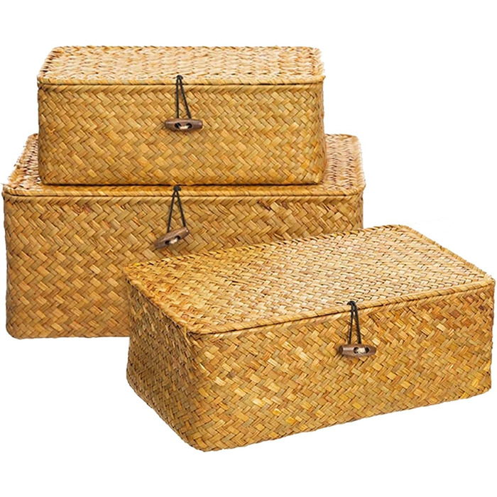 Кошики для зберігання речей, комплект кошиків з ротанга з 3 предметів з кришками, плетені кошики для подарунків, багатофункціональні кошики з морської трави, органайзери для косметики для ванної кімнати, вітальні, кухні