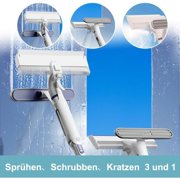 Засіб для миття вікон 3 в 1 з функцією розпилення та телескопічною ручкою, професійний двосторонній набір для миття вікон для збору стічних вод, поворотний віконний ракель, склоочисник для душу (2 тампони)