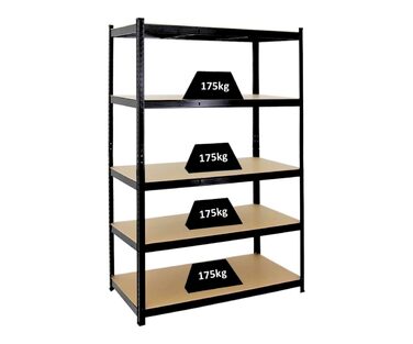 Надміцний стелаж Taurus Black 180x120x60 см Загальне навантаження 875 кг Стелаж для підвалу, стелаж без болтів, гаражний стелаж, стелаж для зберігання 180x120x60 см - Навантаження на полицю 175 кг Чорний